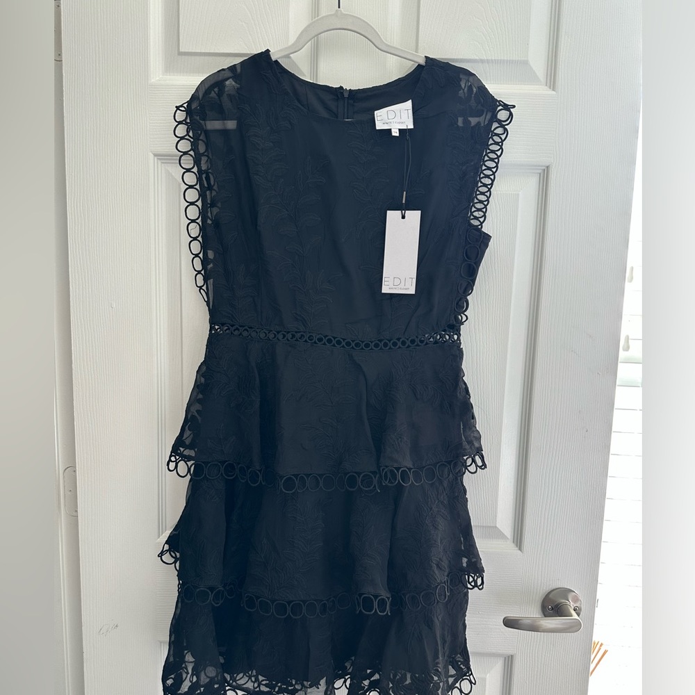 E D I T Black Embroidered Ruffled Coctail Dress Size 14